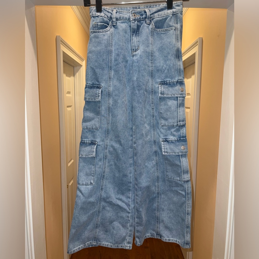 Tractr Light Blue Denim Wide Leg Cargo Jeans Girls Size 10